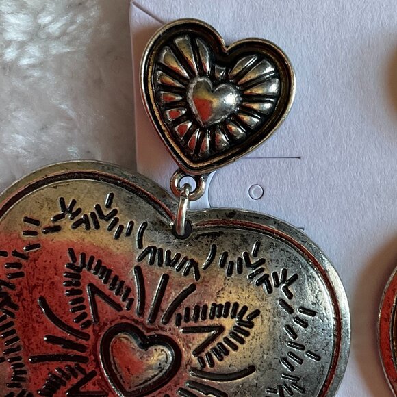Sacred Heart Southwestern Style Oversized Earrings in Faux Tarnished Silver - Picture 2 of 4